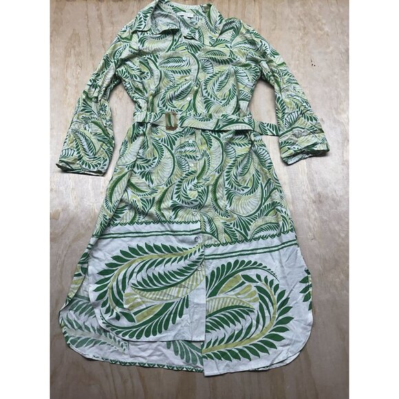 Fig + Flower Green Leaves M Shirt Dress Anthropologie Belted Estilo Rayon - Picture 1 of 9